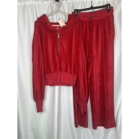 Free People Movement Let's Volley Red Velour Set Cropped Wide Leg Size Large New